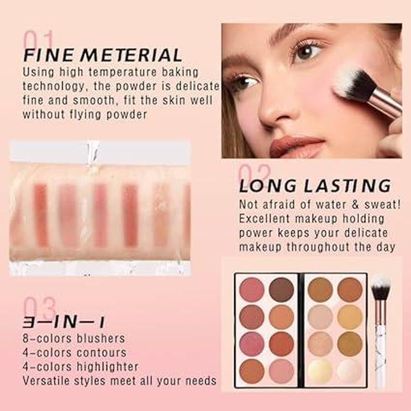 Blush Contour Highlighter Makeup Palette with Brush Powder for Cheek, Bright Shimmer Illuminator Bronzer Professional Facial Beauty Makeup