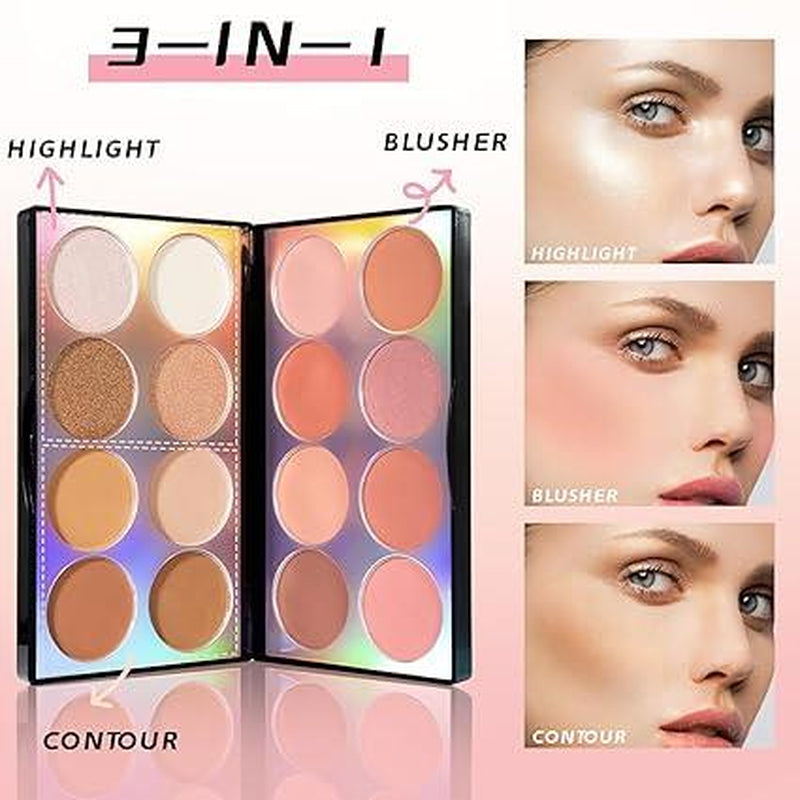 Blush Contour Highlighter Makeup Palette with Brush Powder for Cheek, Bright Shimmer Illuminator Bronzer Professional Facial Beauty Makeup