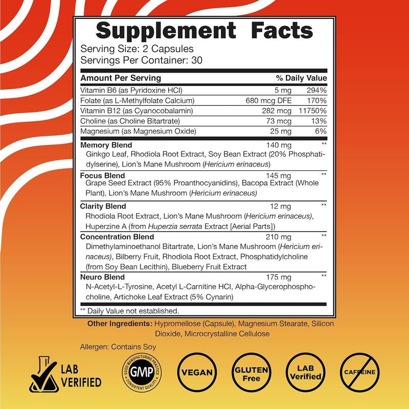 Brain Booster plus for Memory, Focus, Concentration, Neuro Energy, Clarity - with Lion'S Mane Mushrooms