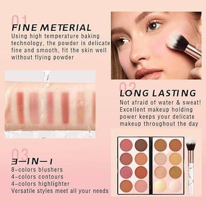 Blush Contour Highlighter Makeup Palette with Brush Powder for Cheek, Bright Shimmer Illuminator Bronzer Professional Facial Beauty Makeup