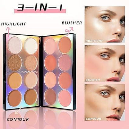 Blush Contour Highlighter Makeup Palette with Brush Powder for Cheek, Bright Shimmer Illuminator Bronzer Professional Facial Beauty Makeup