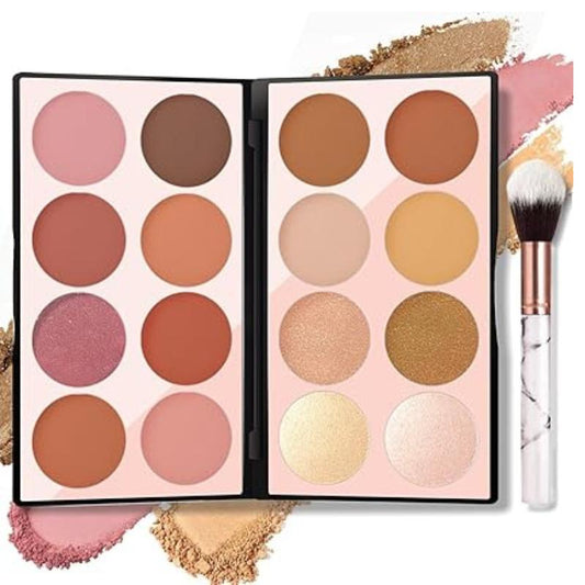 Blush Contour Highlighter Makeup Palette with Brush Powder for Cheek, Bright Shimmer Illuminator Bronzer Professional Facial Beauty Makeup