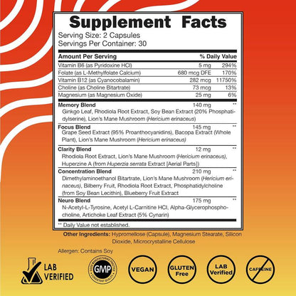 Brain Booster plus for Memory, Focus, Concentration, Neuro Energy, Clarity - with Lion'S Mane Mushrooms